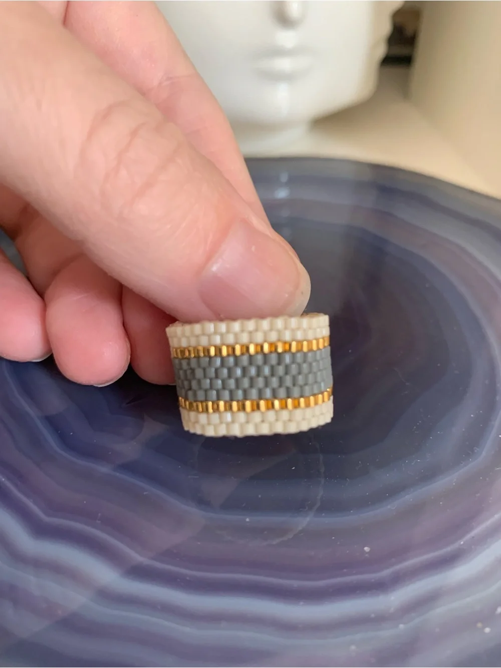Maasai Beaded Ring Wide – Cream Grey & Gold Handmade woven mesh ring NEW